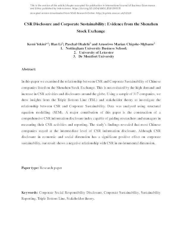 CSR disclosure and corporate sustainability: evidence from the Shenzhen Stock Exchange Thumbnail