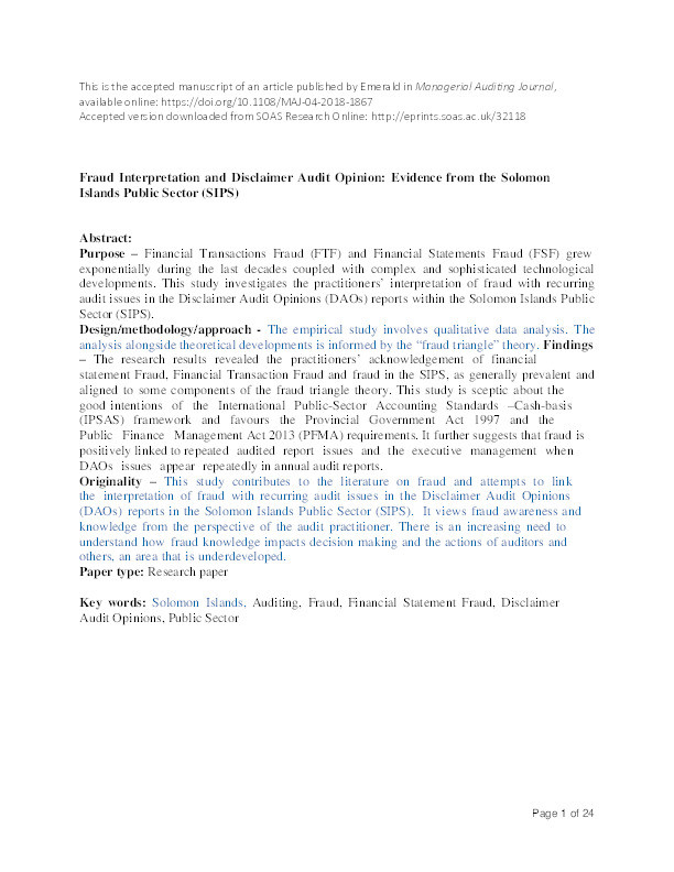 Fraud interpretation and disclaimer audit opinion: Evidence from the Solomon Islands public sector (SIPS) Thumbnail