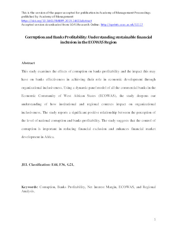 Corruption and Bank Profitability: Understanding Sustainable Financial Inclusiveness in ECOWAS Region Thumbnail