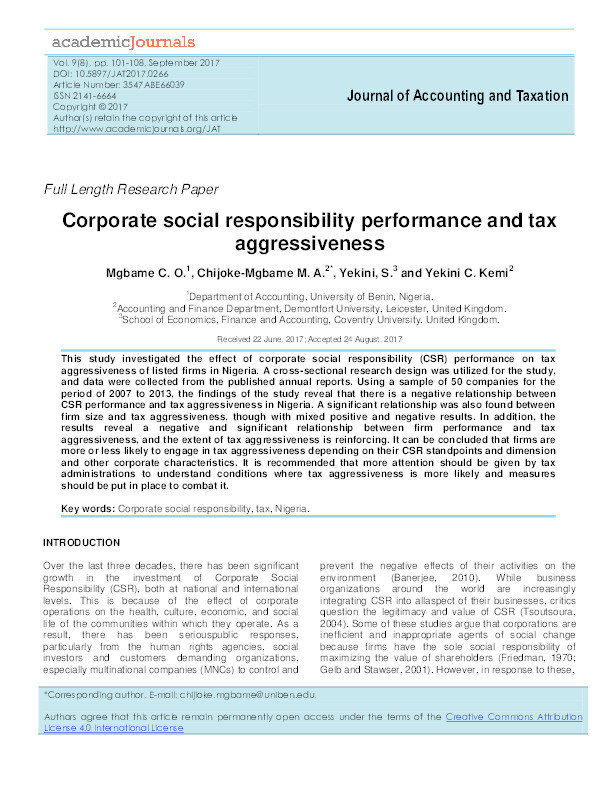 Corporate social responsibility performance and tax aggressiveness Thumbnail