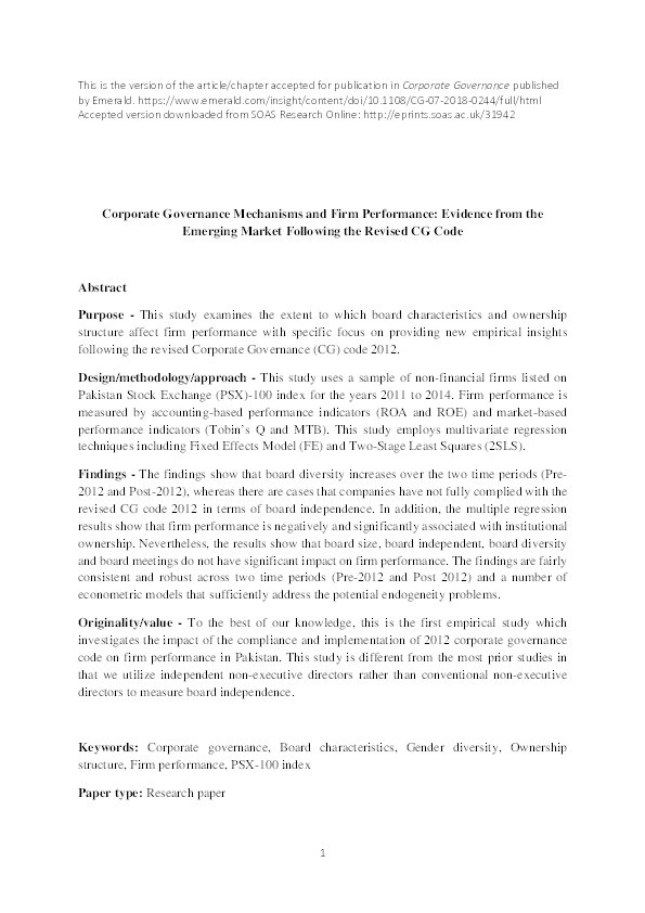 Corporate Governance Mechanisms and Firm Performance: Evidence from the Emerging Market Following the Revised CG Code Thumbnail