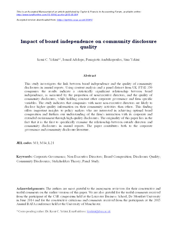 Impact of board independence on the quality of community disclosures in annual reports Thumbnail