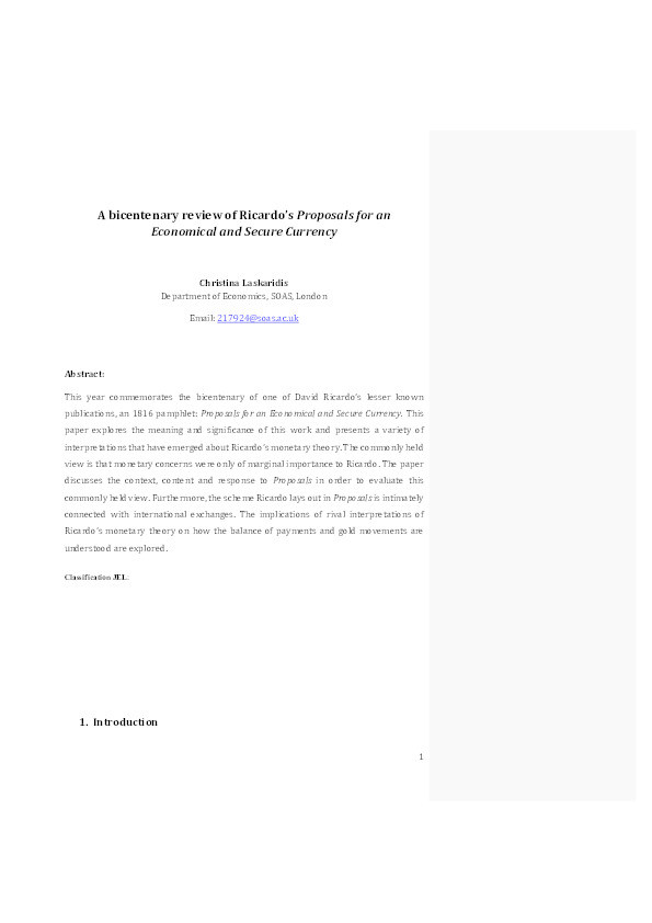 A Bicentenary Review of Ricardo’s Proposals for an Economical and Secure Currency Thumbnail
