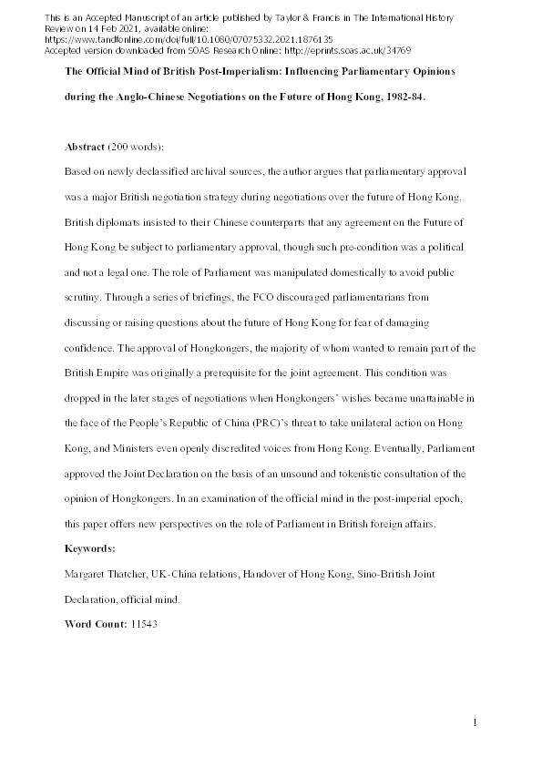 The Official Mind of British Post-Imperialism: Influencing Parliamentary Opinions during the Anglo-Chinese Negotiations on the Future of Hong Kong, 1982-84 Thumbnail