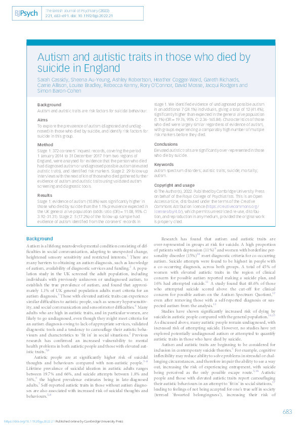 Autism and autistic traits in those who died by suicide in England Thumbnail