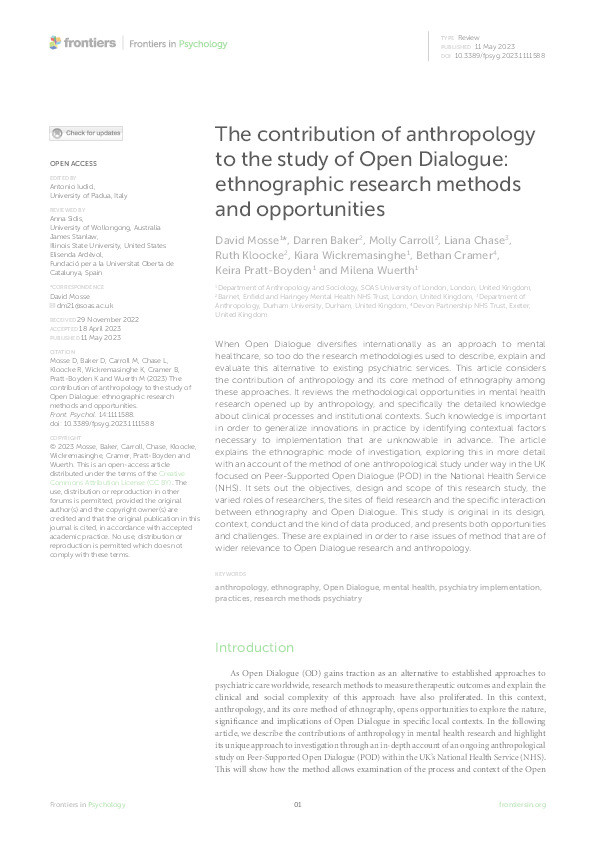 The Contribution of Anthropology to the Study of Open Dialogue: Ethnographic Research Methods and Opportunities Thumbnail