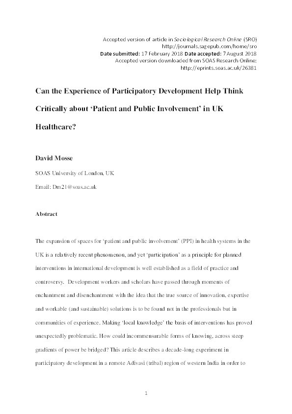 Can the Experience of Participatory Development Help Think Critically about ‘Patient and Public Involvement’ in UK Healthcare? Thumbnail