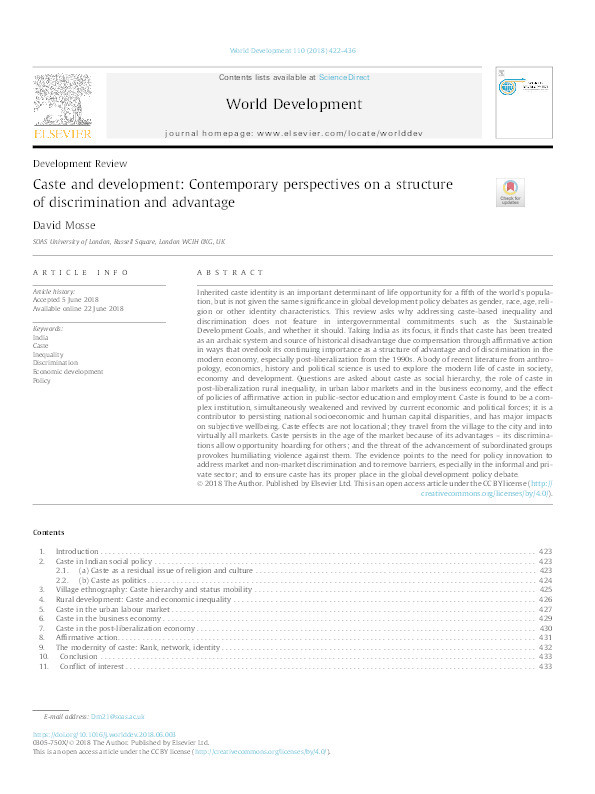 Caste and development: Contemporary perspectives on a structure of discrimination and advantage Thumbnail