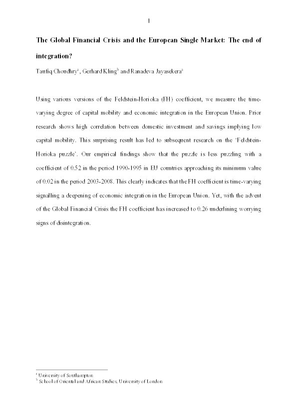 The global financial crisis and the European single market: The end of integration? Thumbnail