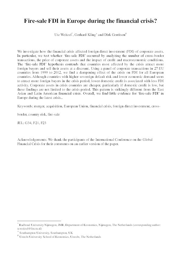 Testing the fire-sale FDI hypothesis for the European financial crisis Thumbnail