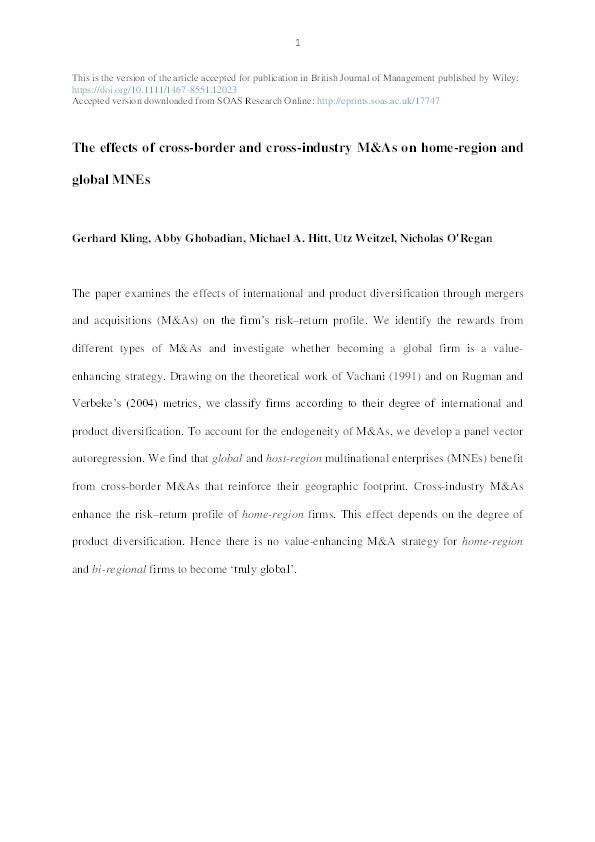 The Effects of Cross-border and Cross-industry Mergers and Acquisitions on Home-region and Global Multinational Enterprises Thumbnail
