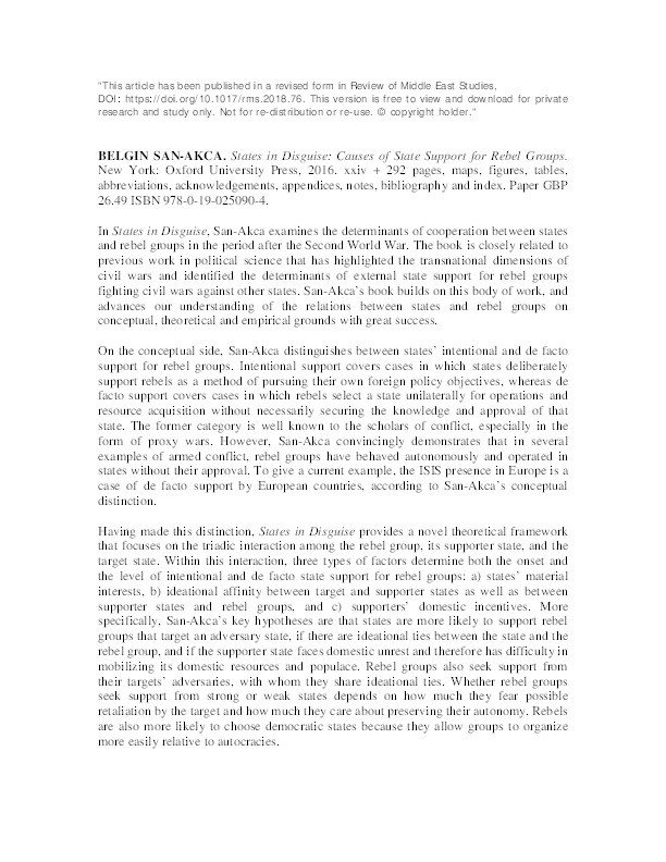 Review of States in Disguise: Causes of State Support for Rebel Groups by Belgin San-Akca Thumbnail