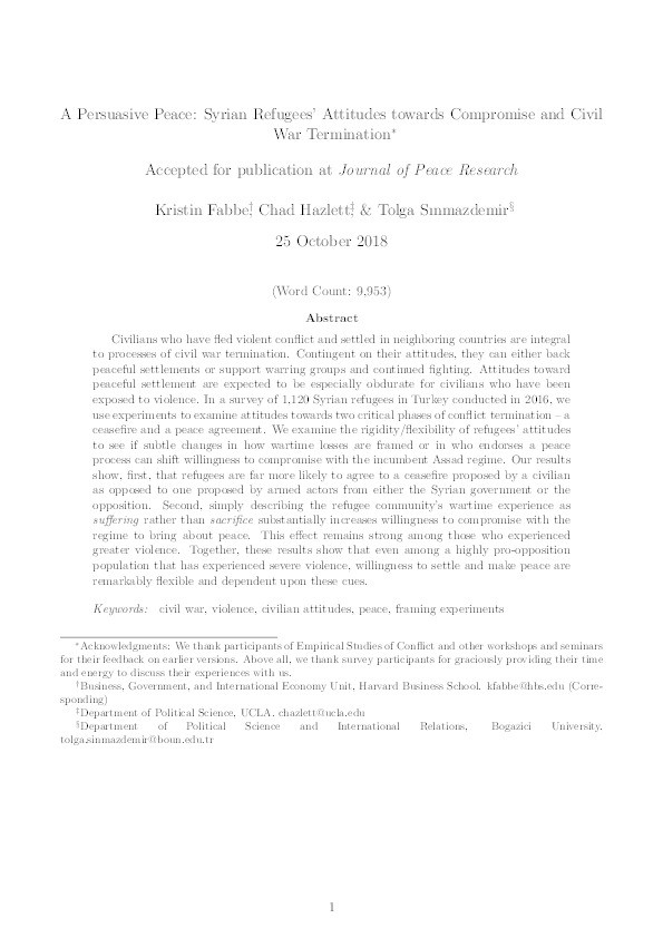 A Persuasive Peace: Syrian Refugees' Attitudes Towards Compromise and Civil War Termination Thumbnail