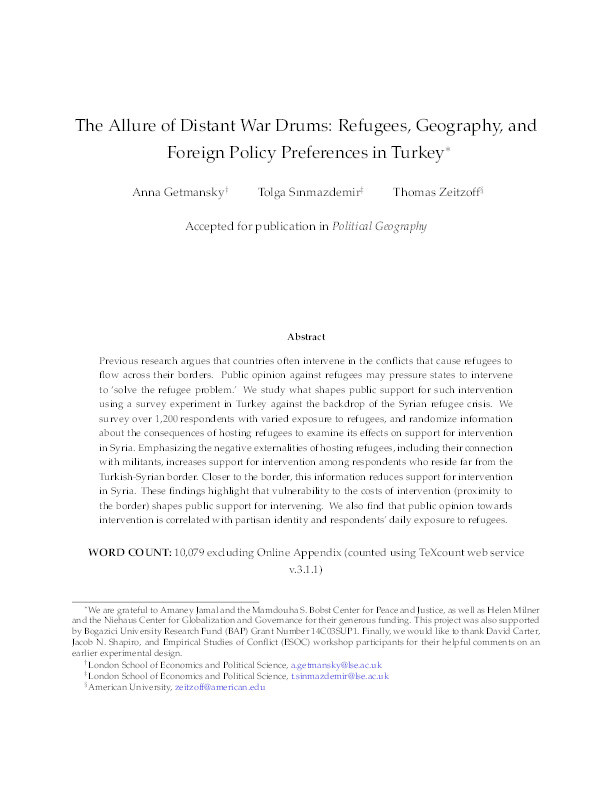 The Allure of Distant War Drums: Refugees, Geography, and Foreign Policy Preferences in Turkey Thumbnail