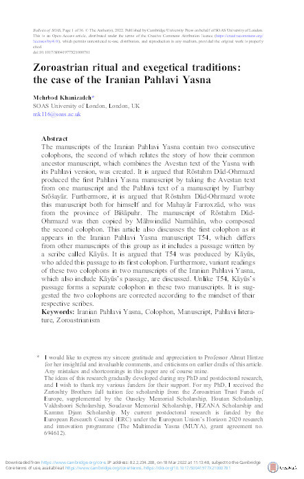 Zoroastrian Ritual and Exegetical Traditions: The Case of the Iranian Pahlavi Yasna Thumbnail