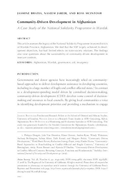 Community-Driven Development in Afghanistan: A Case Study of the National Solidarity Programme in Wardak Thumbnail
