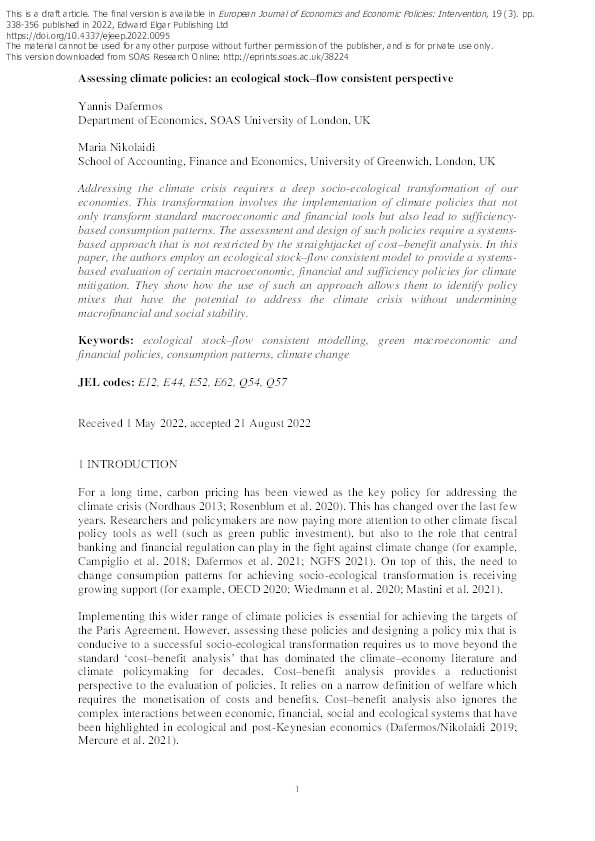 Assessing climate policies: an ecological stock-flow consistent perspective Thumbnail