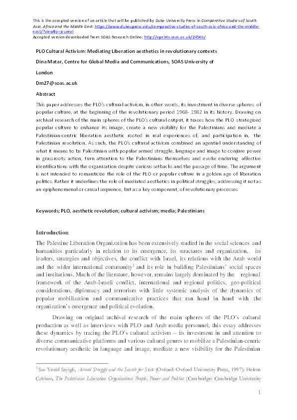 PLO Cultural Activism: Mediating Liberation aesthetics in revolutionary contexts Thumbnail
