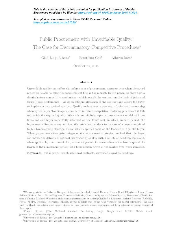 Public Procurement with Unveriﬁable Quality: The Case for Discriminatory Competitive Procedures Thumbnail