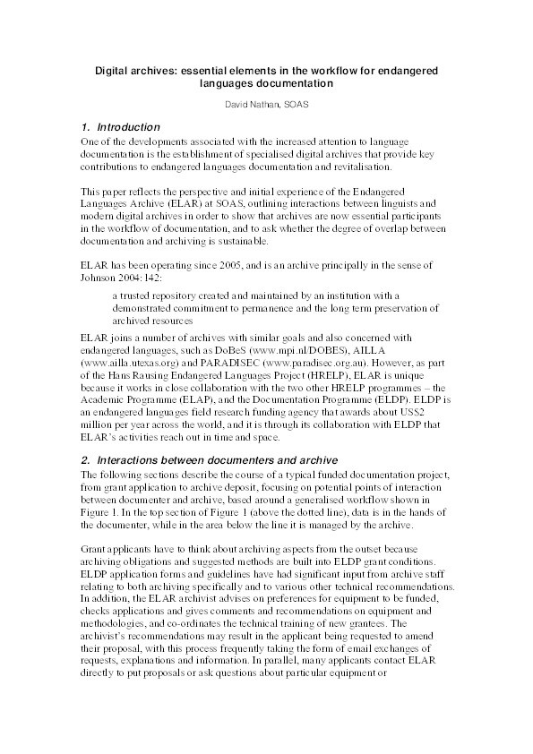 Digital archives: essential elements in the workflow for endangered languages documentation Thumbnail