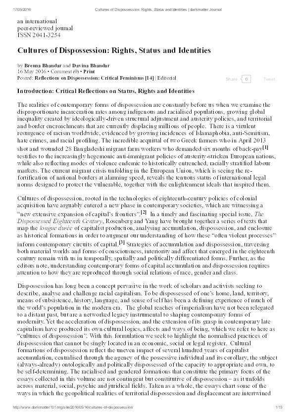 Cultures of Dispossession: Critical Reflections on Rights, Status and Identities Thumbnail