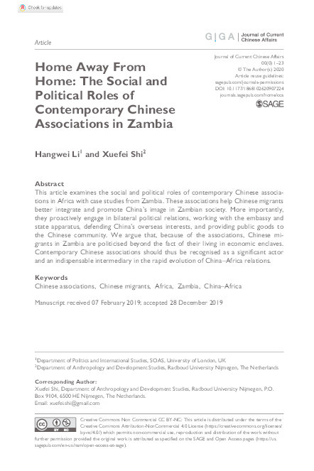 Home Away From Home: The Social and  Political Roles of Contemporary Chinese  Associations in Zambia Thumbnail