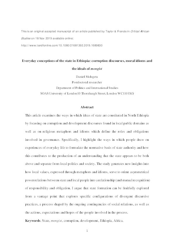 Everyday conceptions of the state in Ethiopia: corruption discourses, moral idioms and the ideals of mengist Thumbnail