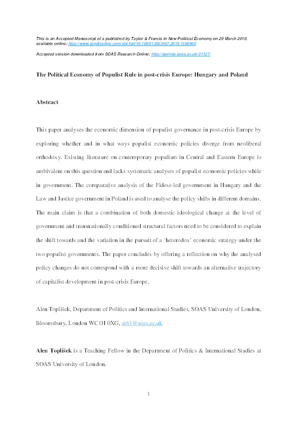 The Political Economy of Populist Rule in Post-Crisis Europe: Hungary and Poland Thumbnail