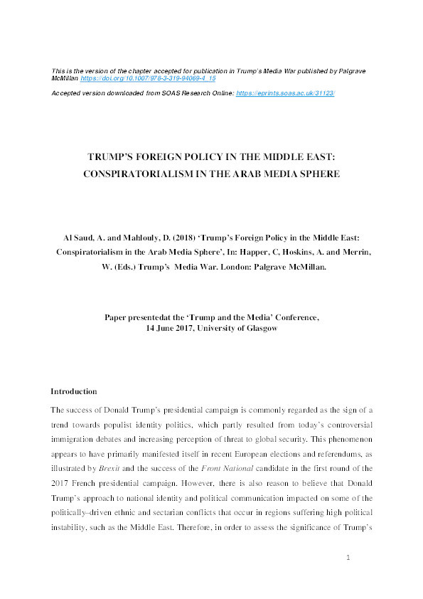 Trump’s Foreign Policy in the Middle East: Conspiratorialism in the Arab Media Sphere Thumbnail