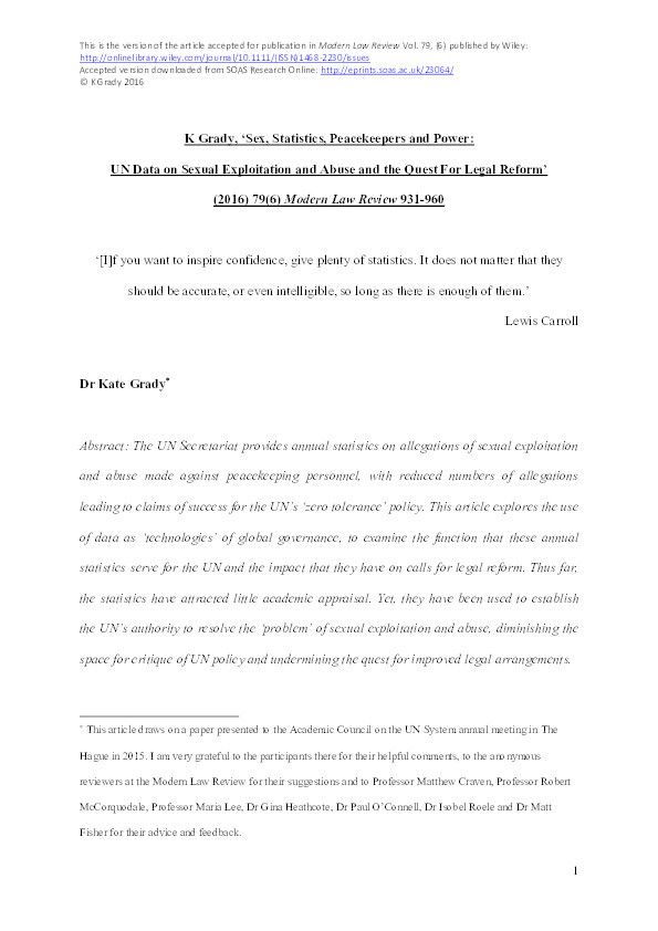 Sex, Statistics, Peacekeepers and Power: UN Data on Sexual Exploitation and Abuse and the Quest For Legal Reform Thumbnail