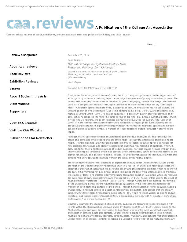 Review of 'Cultural Exchange in Eighteenth-Century India: Poetry and Paintings from Kishangarh' Thumbnail