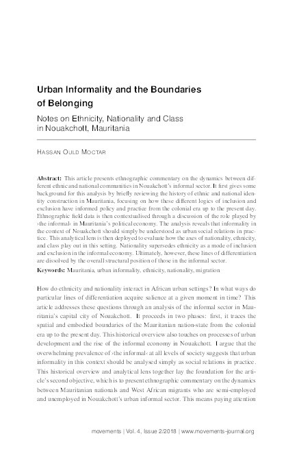 Urban Informality and the Boundaries of Belonging: Notes on Ethnicity, Nationality and Class in Nouakchott, Mauritania Thumbnail