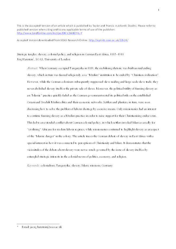Strategic tangles: slavery, colonial policy, and religion in German East Africa, 1885–1918 Thumbnail