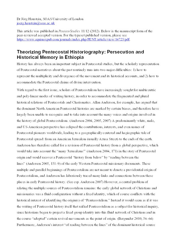 Theorizing Pentecostal Historiography: Persecution and Historical Memory in Ethiopia Thumbnail