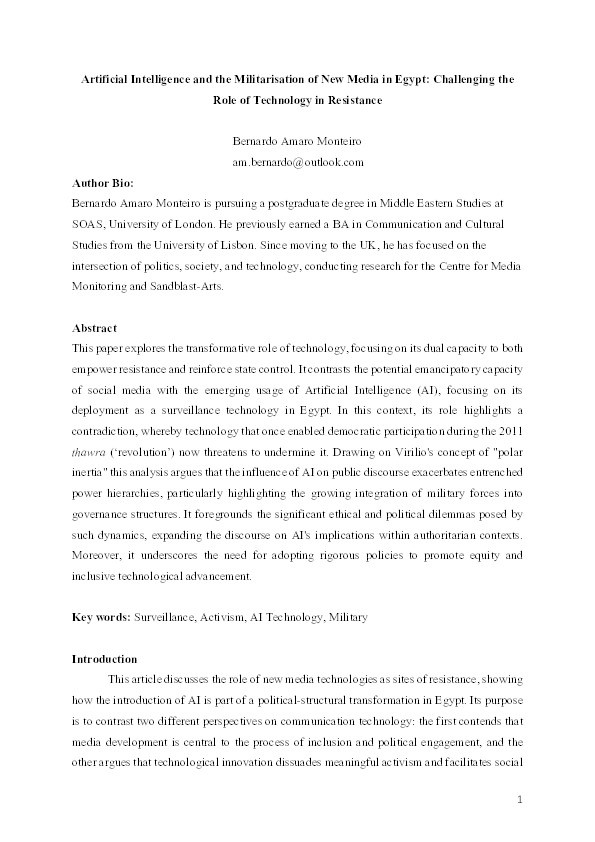 Artificial Intelligence and the Militarisation of New Media in Egypt: Challenging the Role of Technology in Resistance Thumbnail