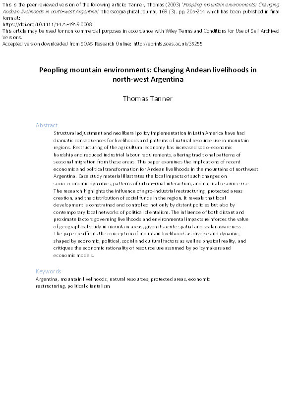 Peopling mountain environments: Changing Andean livelihoods in north-west Argentina Thumbnail