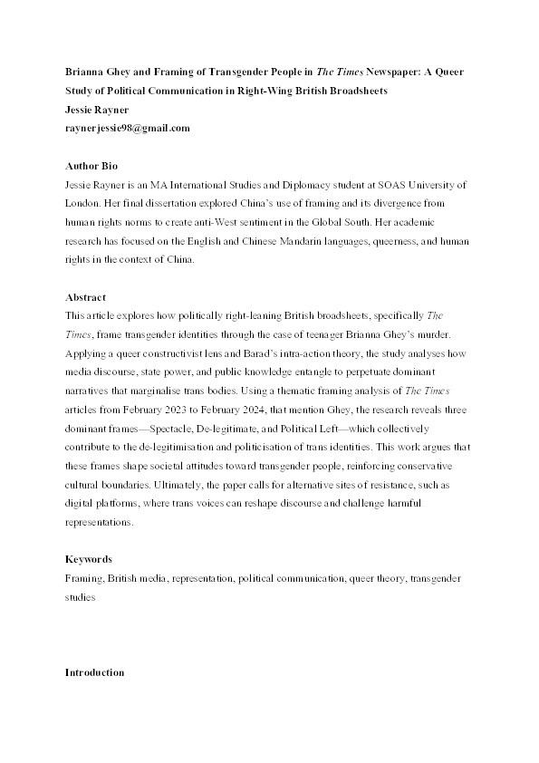 Brianna Ghey and Framing of Transgender People in The Times Newspaper: A Queer Study of Political Communication in Right-Wing British Broadsheets Thumbnail