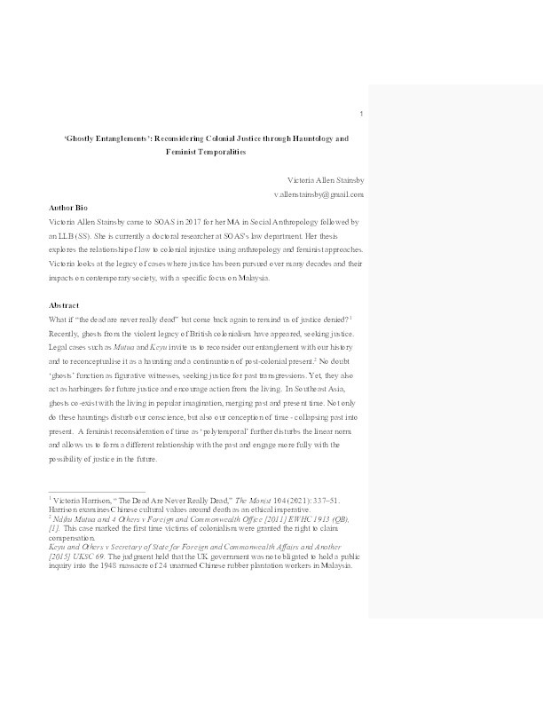 'Ghostly Entanglements': Reconsidering Colonial Justice through Hauntology and Feminist Temporalities Thumbnail