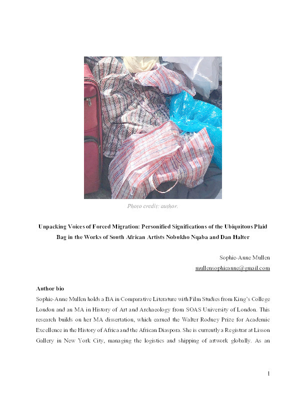 Unpacking Voices of Forced Migration: Personified Significations of the Ubiquitous Plaid Bag in the Works of South African Artists Nobukho Nqaba and Dan Halter Thumbnail