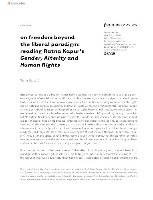 'On Freedom beyond the Liberal Paradigm: Reading Ratna Kapur’s Gender, Alterity and Human Rights: Freedom in a Fishbowl' Thumbnail