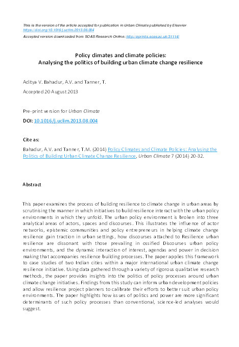 Policy climates and climate policies: Analysing the politics of building urban climate change resilience Thumbnail
