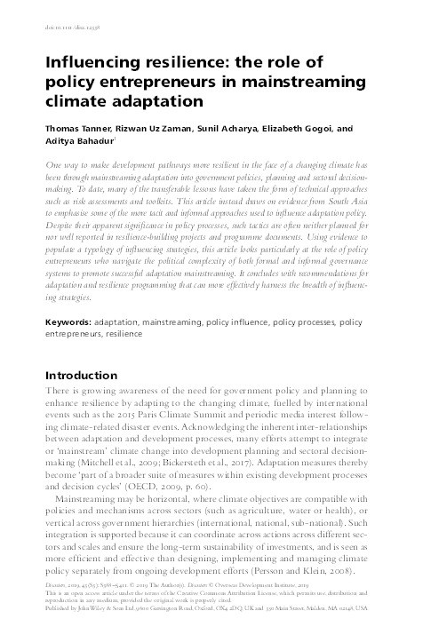 Influencing resilience: The role of policy entrepreneurs in mainstreaming climate adaptation Thumbnail