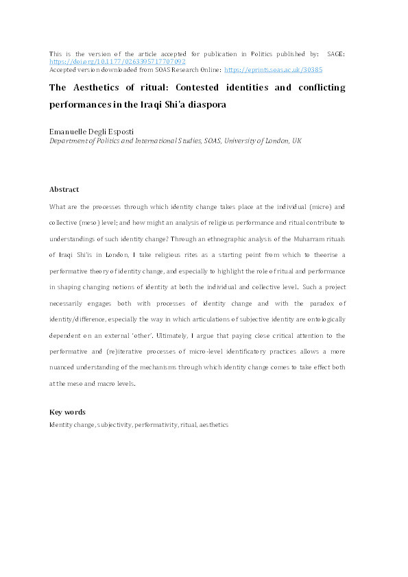 The aesthetics of ritual--contested identities and conflicting performances in the Iraqi Shi’a diaspora: Ritual, performance and identity change Thumbnail