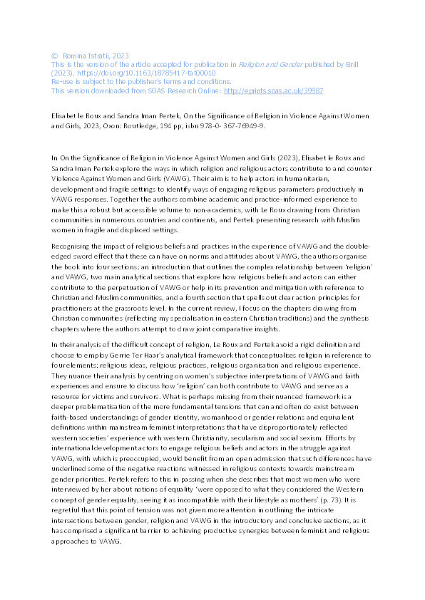 Book Review: Elisabet le Roux and Sandra Iman Pertek, On the Significance of Religion in Violence Against Women and Girls, 2023, Oxon: Routledge, 194 pp, isbn 978-0-367-76949-9. Thumbnail