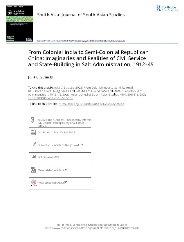 From Colonial India to Semi-Colonial Republican China: Imaginaries and Realities of Civil Service and State-Building in Salt Administration, 1912–45 Thumbnail