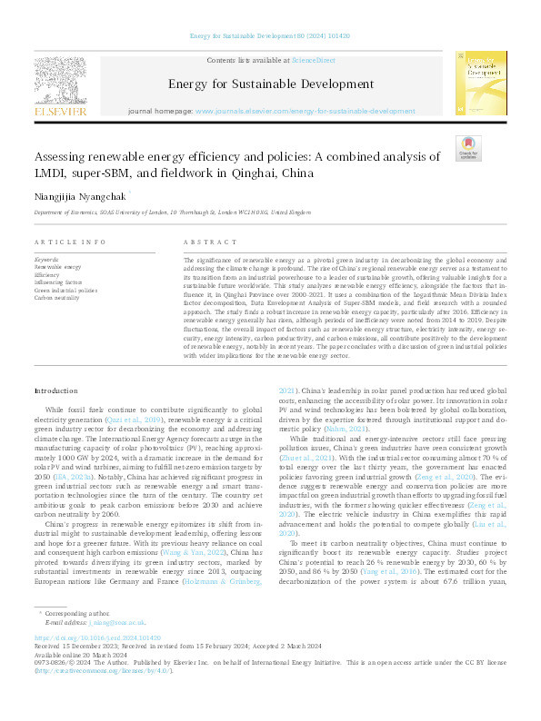 Assessing renewable energy efficiency and policies: A combined analysis of LMDI, super-SBM, and fieldwork in Qinghai, China Thumbnail