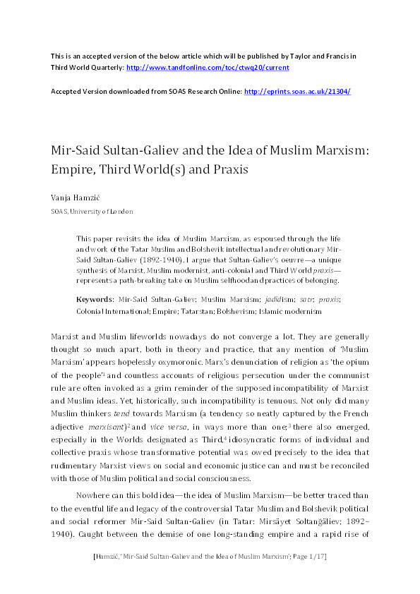 Mir-Said Sultan-Galiev and the Idea of Muslim Marxism: Empire, Third World(s) and Praxis Thumbnail