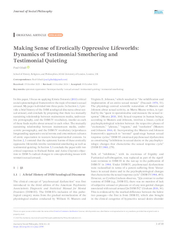 Making Sense of Erotically Oppressive Lifeworlds: Dynamics of Testimonial Smothering and Testimonial Quieting Thumbnail