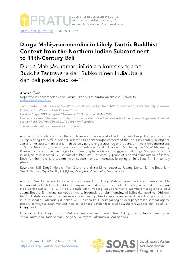 Durgā Mahiṣāsuramardinī in Likely Tantric Buddhist Context from the Northern Indian Subcontinent to 11th-Century Bali [Durga Mahiṣāsuramardinī dalam konteks agama Buddha Tantrayana dari Subkontinen India Utara dan Bali pada abad ke-11] Thumbnail