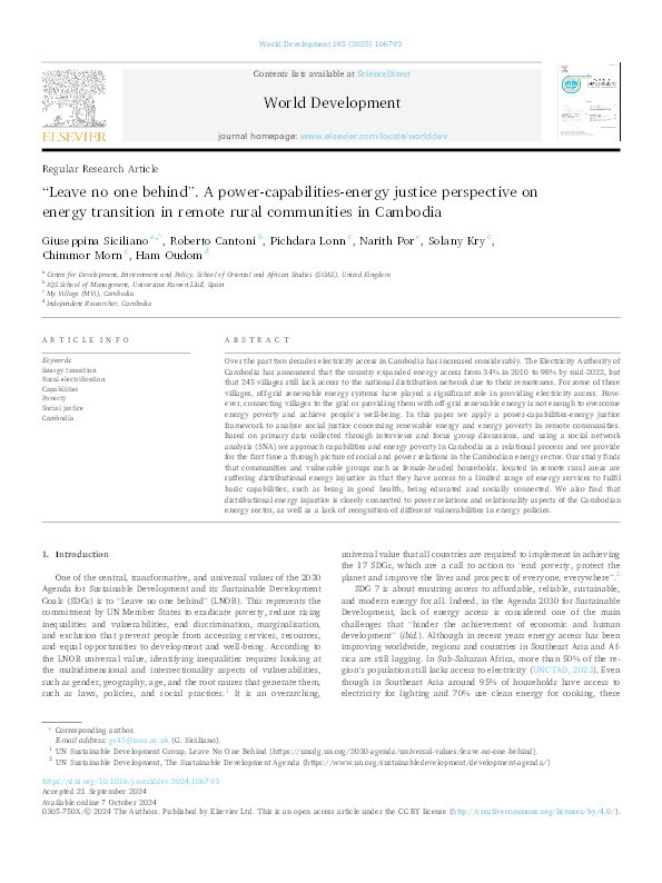 'Leave no one behind': A power-capabilities-energy justice perspective on energy transition in remote rural communities in Cambodia Thumbnail
